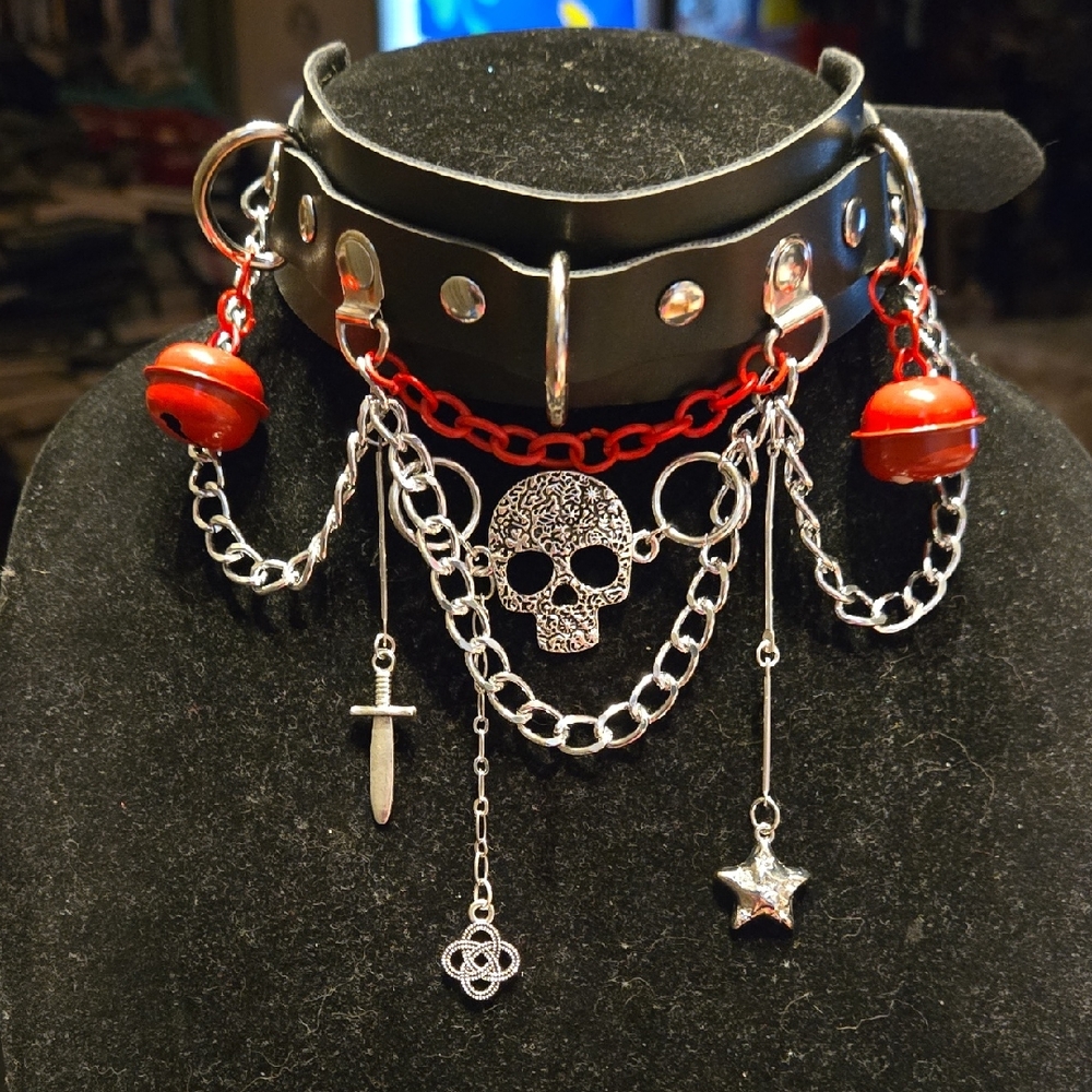 Edgy Black and Red Choker with Silver Accents
